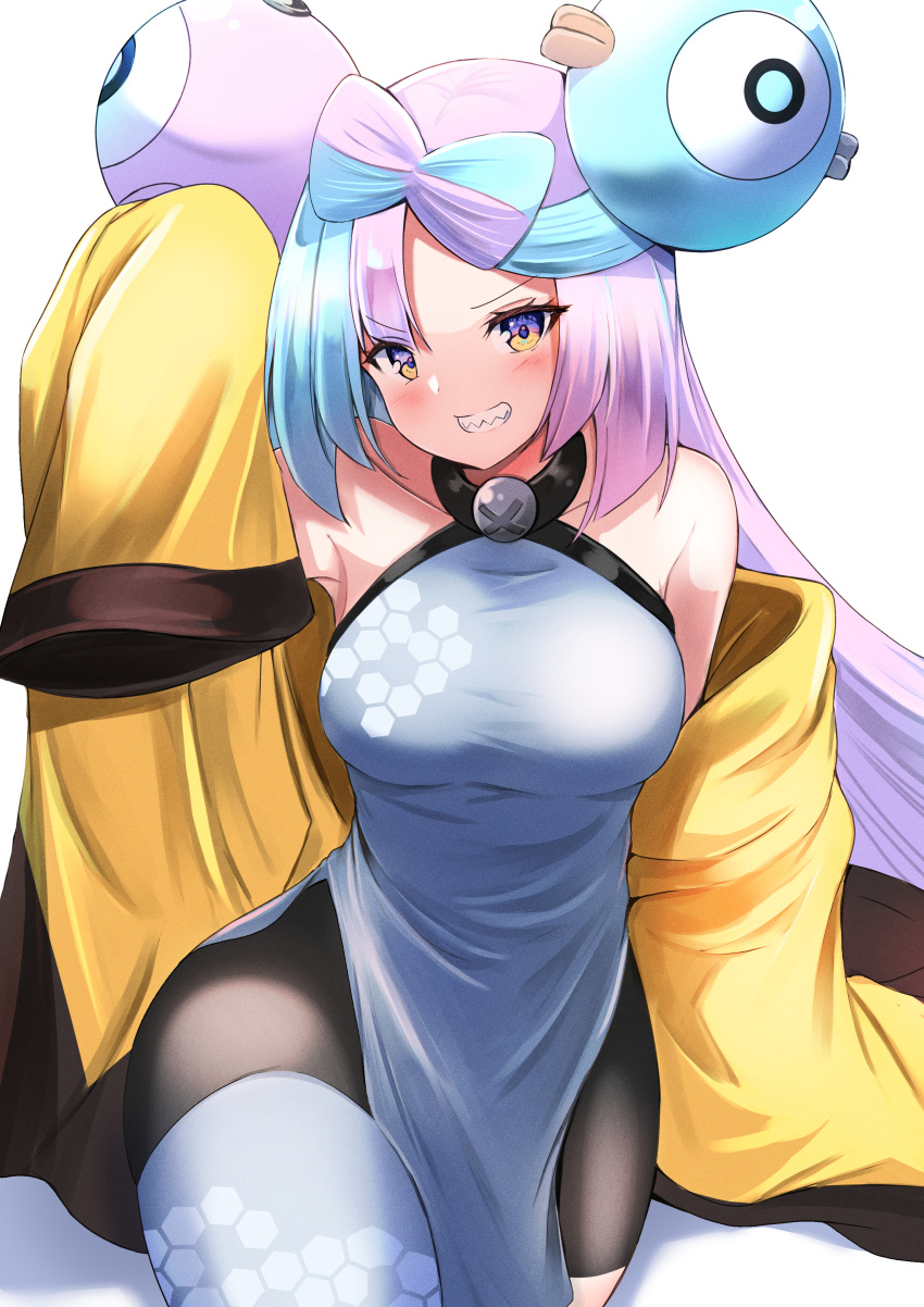1girl absurdres adapted_costume arm_up bare_shoulders black_pantyhose blue_hair blush bow-shaped_hair breasts collarbone commentary_request dress grey_dress grey_thighhighs grin highres iono_(pokemon) jacket long_hair long_sleeves looking_at_viewer medium_breasts multicolored_hair pantyhose pelvic_curtain pink_hair pokemon pokemon_(game) pokemon_sv purple_eyes sharp_teeth shibakame simple_background sleeveless sleeveless_dress sleeves_past_fingers sleeves_past_wrists smile solo teeth thighhighs thighhighs_over_pantyhose two-tone_hair very_long_hair white_background yellow_jacket