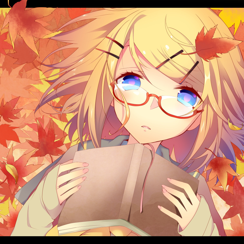 1girl absurdres alternate_costume autumn autumn_leaves bespectacled blonde_hair blue_eyes book brown_cardigan cardigan expressionless fingernails from_above glasses grey_sailor_collar hair_ornament hairclip highres holding holding_book kagamine_rin leaf letterboxed long_sleeves lying maple_leaf neckerchief on_back open_book parted_lips pink_nails red-framed_eyewear sailor_collar semi-rimless_eyewear short_hair solo temari_(deae) third-party_source triangle under-rim_eyewear upper_body vocaloid yellow_neckerchief