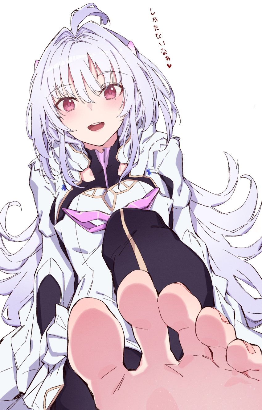 1girl absurdres ahoge bangs batatata77 black_pants breasts fate/grand_order fate/prototype fate_(series) feet highres long_hair long_sleeves looking_at_viewer medium_breasts merlin_(fate/prototype) open_mouth pants purple_eyes robe smile solo thighs toes translation_request very_long_hair white_hair white_robe wide_sleeves