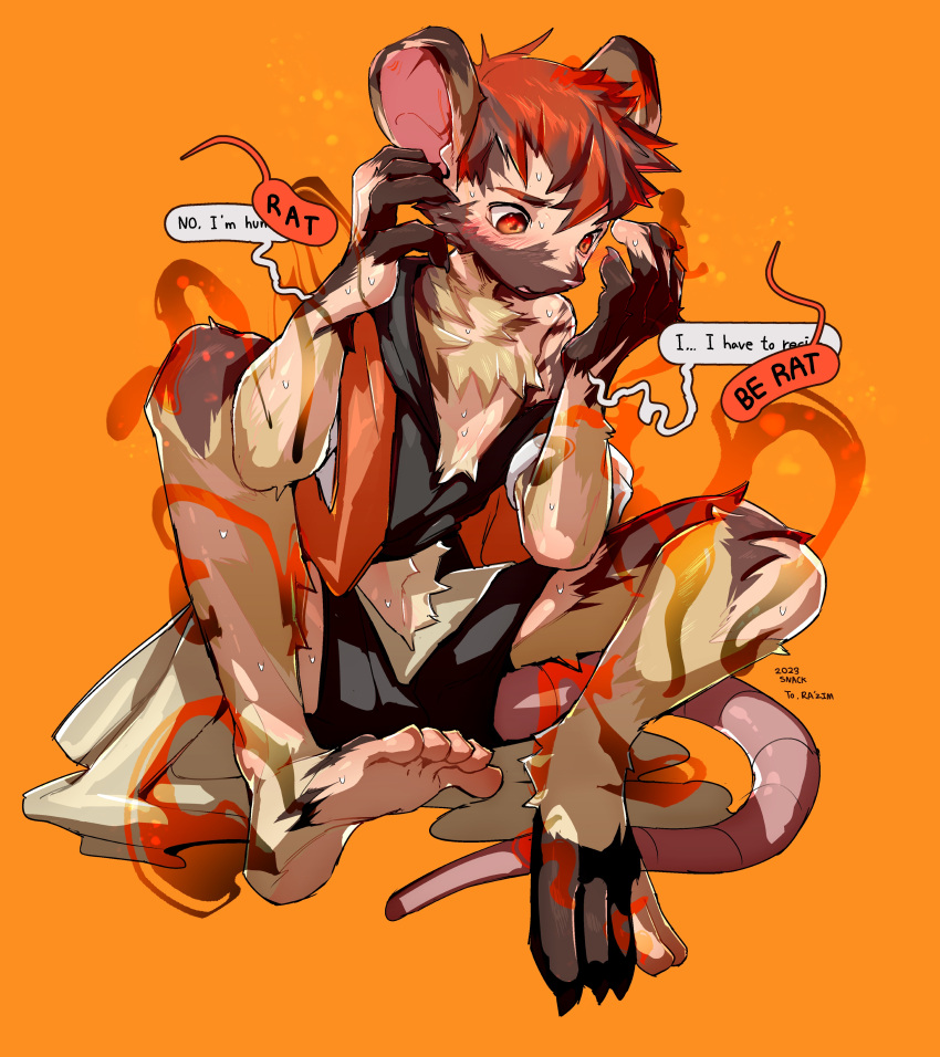 absurd_res anthro clothed clothing colored dialogue english_text fur fur_growth growth hi_res human male mammal mid_transformation murid murine rat red_eyes rodent simple_background snack_(artist) solo species_transformation speech_bubble tail_growth text transformation