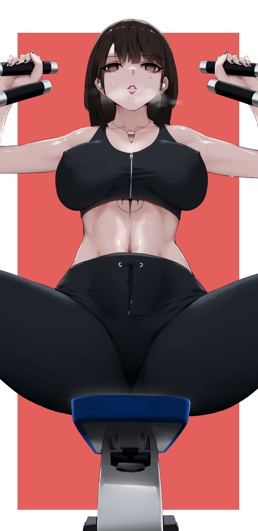 1girl 9h absurdres bangs black_hair black_nails breasts brown_eyes covered_nipples earbuds earphones exercise highres jewelry long_hair midriff mole mole_under_eye mole_under_mouth navel necklace original parted_lips sitting solo spread_legs sweat tattoo