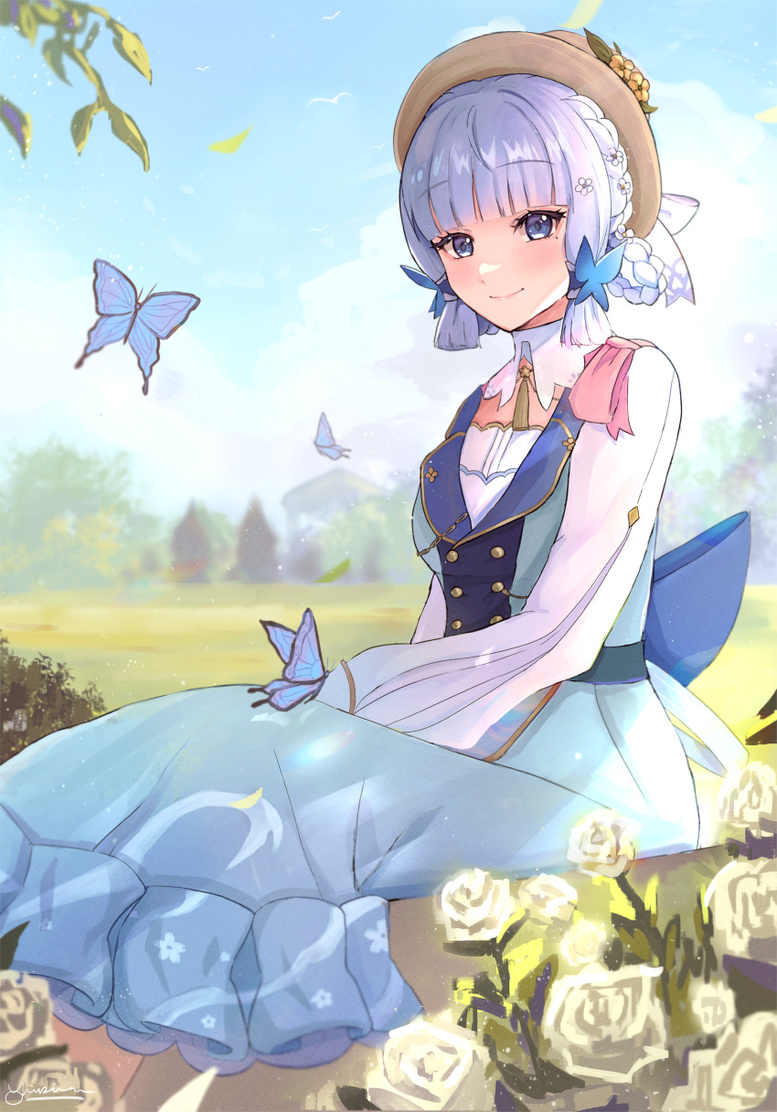 1girl absurdres bangs blue_eyes blue_hair blunt_bangs braid bug butterfly butterfly_hair_ornament closed_mouth commentary flower genshin_impact hair_flower hair_ornament hair_up hat highres kamisato_ayaka kato_yuurina light_blue_hair light_blush long_sleeves looking_at_viewer mole mole_under_eye outdoors puffy_long_sleeves puffy_sleeves rose sitting smile solo white_flower white_rose