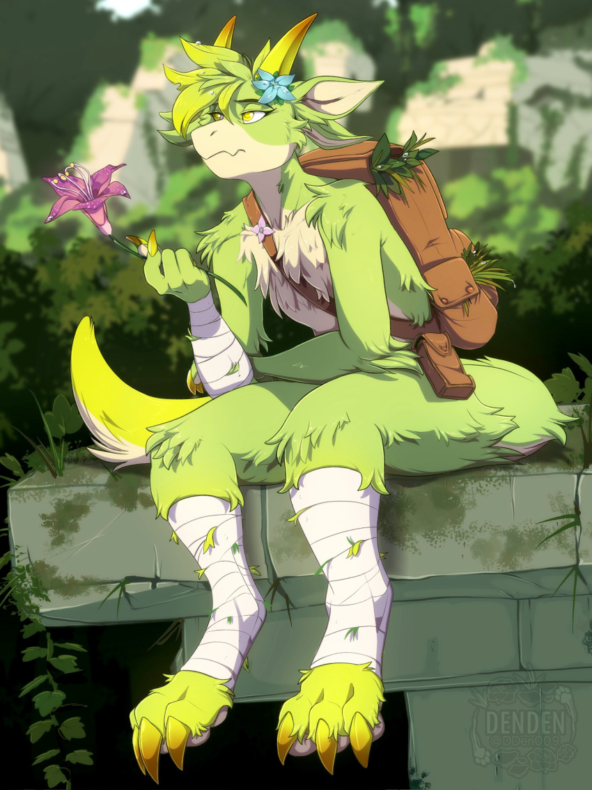 absurd_res accessory anthro backpack backpack_only bandage bandages_only dendart female flower flower_in_hair forest forest_background hair hair_accessory hi_res horn hybrid kanya_the_drakkonid_(darkflamewolf) mammal nature nature_background nude plant reptile scalie sitting solo tree