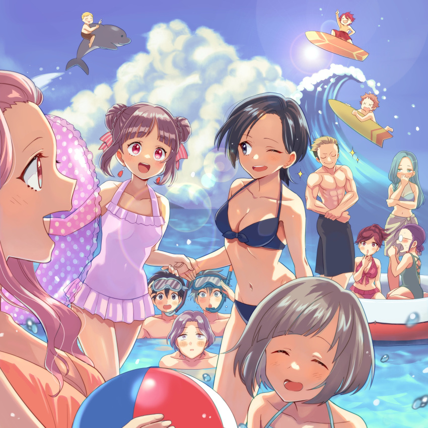6+boys 6+girls absurdres akamatsu_(etra-chan_wa_mita!) akane_(etra-chan_wa_mita!) aqua_hair azami_(etra-chan_wa_mita!) ball bangs beachball bikini black_bikini black_eyes black_hair black_male_swimwear blonde_hair blue_sky blush bob_cut braid breasts brown_hair brown_male_swimwear brown_sarong casual_one-piece_swimsuit cleavage closed_eyes closed_mouth cloud collarbone commentary_request day dolphin double_bun dress etra-chan_wa_mita! etra_(etra-chan_wa_mita!) everyone glasses goggles goggles_on_head green_eyes green_hair green_one-piece_swimsuit hair_bun highres hiiragi_(etra-chan_wa_mita!) holding holding_ball holding_beachball holding_innertube innertube john_(etra-chan_wa_mita!) karin_(etra-chan_wa_mita!) katsura_(etra-chan_wa_mita!) kuroki_(etra-chan_wa_mita!) light_brown_hair long_hair looking_at_another looking_to_the_side male_swimwear medium_breasts medium_hair multiple_boys multiple_girls muscular muscular_male navel nyako_(lhq3p) ocean official_art one-piece_swimsuit one_eye_closed open_mouth orange_bikini outdoors partially_submerged pink_dress pink_eyes pink_hair pink_innertube polka_dot_innertube ponytail purple_hair red_bikini red_eyes red_male_swimwear riding sarong second-party_source short_hair single_braid sky sparkle standing sun surfboard surfing swimsuit tachibana_(etra-chan_wa_mita!) tokusa_(etra-chan_wa_mita!) topless_male tsutsuji_(etra-chan_wa_mita!) undercut virtual_youtuber water water_drop waving yuri_(etra-chan_wa_mita!) yuzuriha_(etra-chan_wa_mita!)