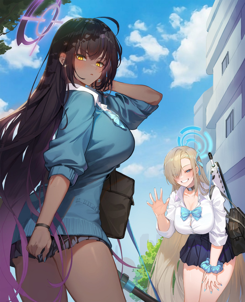 2girls ahoge anti-materiel_rifle aqua_bow aqua_bowtie assault_rifle asuna_(blue_archive) bag bangs black_bag black_hair blonde_hair blue_archive blue_eyes blue_nails blue_sky blush bolt_action bow bowtie boys_anti_tank_rifle breasts bullpup choker cleavage cloud commentary dark-skinned_female dark_skin earrings f.k_(hs225kr) famas glint gradient_hair grin gun hair_over_one_eye hair_ribbon halo highres jewelry karin_(blue_archive) long_hair long_sleeves looking_at_viewer looking_back miniskirt multicolored_hair multiple_girls neck_ribbon outdoors parted_lips pleated_skirt purple_hair ribbon rifle school_bag school_uniform shirt shoulder_bag sidelocks skirt skirt_tug sky sleeves_pushed_up smile sniper_rifle solo stud_earrings sweatdrop sweater symbol-only_commentary very_dark_skin very_long_hair weapon white_shirt yellow_eyes