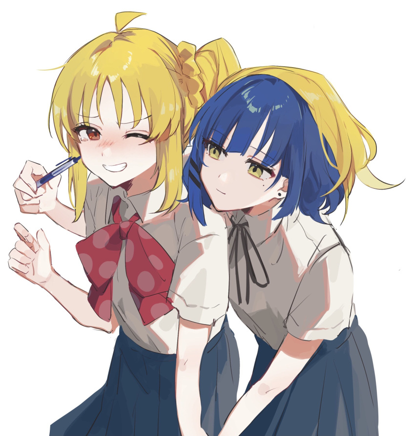 2girls ahoge arm_up bangs black_bow black_bowtie blonde_hair blue_hair blue_skirt blush bocchi_the_rock! bow bowtie braid breasts closed_mouth collared_shirt commentary_request green_eyes grey_shirt hair_ornament hairclip hand_up highres holding holding_pen ijichi_nijika long_hair looking_at_another medium_breasts mole mole_under_eye multiple_girls one_eye_closed pen pink_bow pink_bowtie polka_dot polka_dot_bow polka_dot_bowtie ponytail red_eyes shirt short_hair short_sleeves side_ponytail sidelocks simple_background skirt smile standing tears teeth white_background yamada_ryou yanfei_u