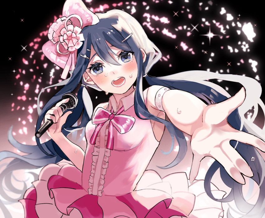 1girl armlet bangs blue_eyes blush bow breasts center_frills collared_shirt commentary_request danganronpa:_trigger_happy_havoc danganronpa_(series) flower frills glowing gorila_chan gradient_background hair_between_eyes hair_flower hair_ornament hairclip holding holding_microphone idol large_bow layered_skirt long_hair maizono_sayaka medium_breasts microphone official_alternate_costume open_mouth pink_bow pink_skirt shirt skirt solo teeth tongue