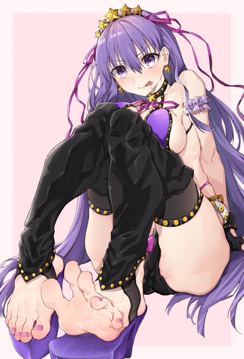 1girl absurdres bangs bare_shoulders batatata77 bb_(fate) bb_(swimsuit_mooncancer)_(fate) bb_(swimsuit_mooncancer)_(second_ascension)_(fate) bead_bracelet beads belt bikini black_garter_belt black_gloves black_shorts black_thighhighs blush bracelet breasts cleavage collarbone fate/grand_order fate_(series) feet fingerless_gloves gloves hair_ornament hair_ribbon hairband highres jewelry large_breasts long_hair looking_at_viewer loose_belt micro_shorts navel neck_ribbon platform_footwear purple_bikini purple_eyes purple_hair ribbon shorts sitting smile solo star_(symbol) star_hair_ornament studded_garter_belt swimsuit thighhighs toes tongue tongue_out very_long_hair white_belt