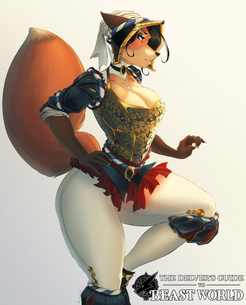 anthro big_breasts black_hair blue_eyes breasts canid canine canis choker cleavage clothed clothing corset female fox gloves_(marking) hair headgear headwear hi_res holding_object jewelry lingerie mammal markings necklace roza_(woadedfox) solo tail topwear woadedfox