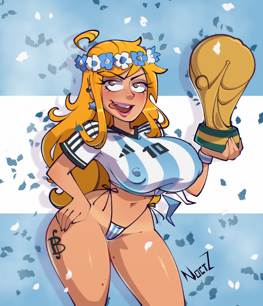 1girl 2022_fifa_world_cup absurdres argentina bad_source breasts flower highres jersey lips long_hair nami_(one_piece) noctzart one_piece orange_hair smile soccer solo teeth thighhighs tongue trophy wide_hips world_cup