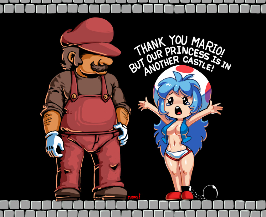 1boy 1girl absurdres blue_hair blue_vest breasts brown_hair brown_shirt english_text facial_hair gloves hat highres large_breasts long_hair mario mario_(series) micro_shorts minuspal mustache navel overalls red_headwear red_overalls shirt shorts super_mario_bros._1 toad_(mario) very_long_hair vest white_gloves white_shorts