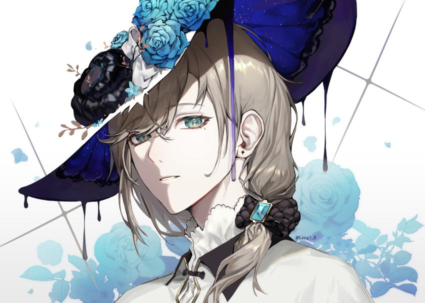 1boy aqua_eyes bangs black_bow blending blue_flower blue_gemstone blue_rose bow brown_hair cape collared_cape commentary downer_witch_(vocaloid) dress_shirt earrings floral_background flower gem hair_bow hair_over_shoulder hat hat_bow hat_flower highres jewelry kanae_(nijisanji) leng7_e liquid_clothes long_hair looking_at_viewer low_ponytail male_focus mole mole_under_eye nijisanji parted_lips petals portrait rose shirt solo stud_earrings swept_bangs virtual_youtuber white_bow white_cape white_headwear white_shirt witch_hat