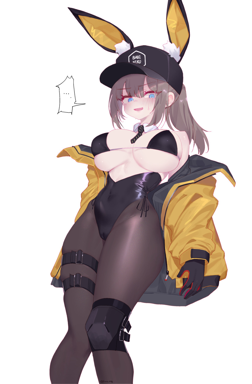 ... 1girl absurdres animal_ears baseball_cap bikini bikini_top_only black_bikini black_gloves black_headwear black_leotard black_pantyhose blue_eyes breasts brown_hair detached_collar dima_(girls'_frontline) eonsang fake_animal_ears girls'_frontline gloves hat highres jacket knee_pads large_breasts leotard long_hair off_shoulder open_mouth pantyhose ponytail rabbit_ears sidelocks simple_background single_knee_pad skindentation solo speech_bubble spoken_ellipsis swimsuit thigh_strap yellow_jacket