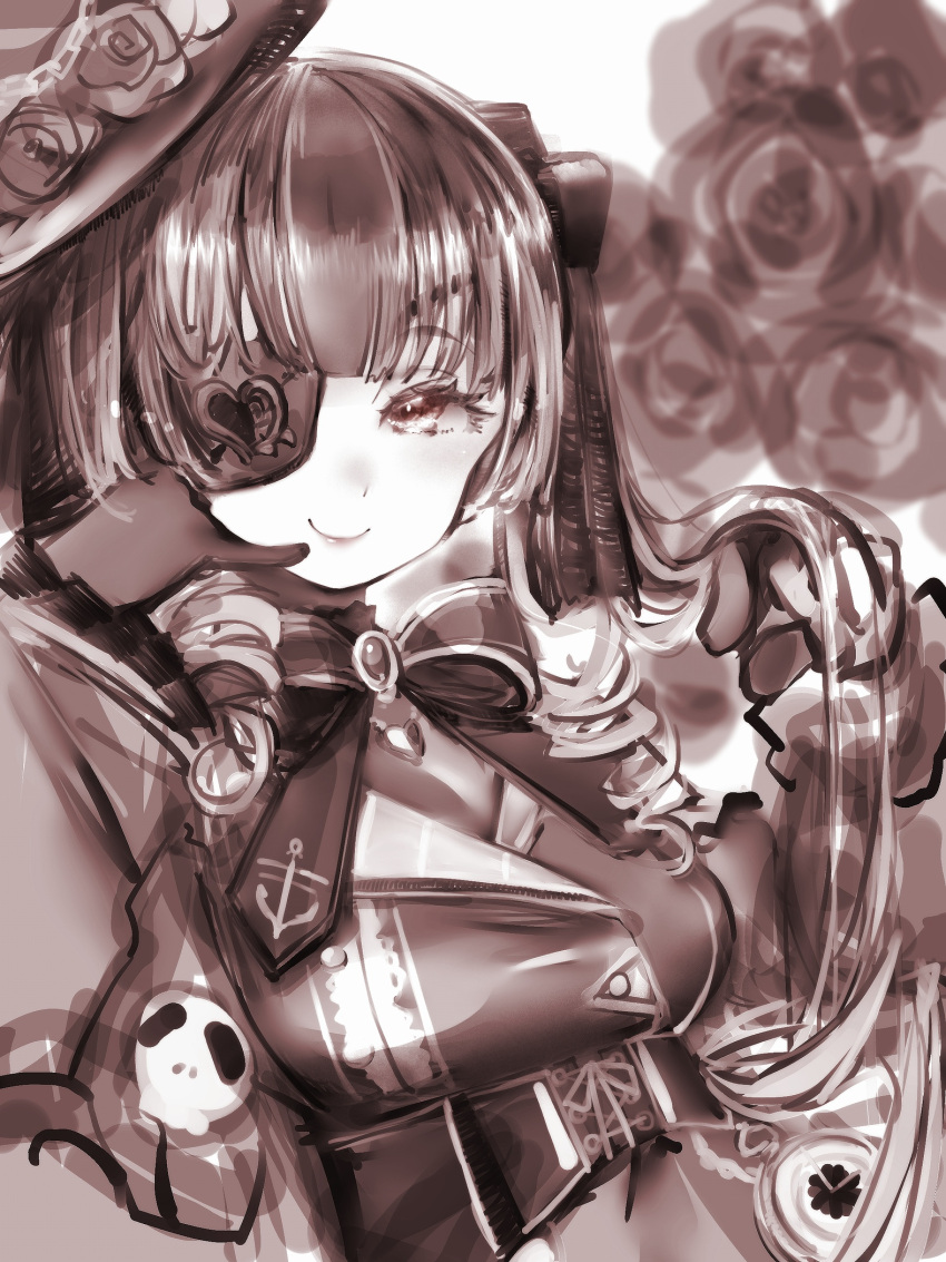 1girl bodystocking bow bowtie brown_theme closed_mouth eyepatch flower gloves hat hat_flower heart heart_eyepatch heart_necklace highres hololive houshou_marine jacket jewelry looking_at_viewer monochrome nanashi_(nlo) necklace pinky_out rose seductive_smile smile solo twintails upper_body virtual_youtuber