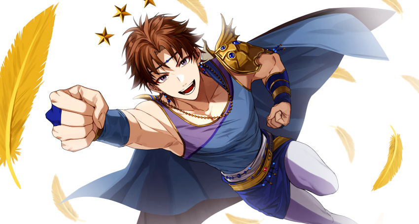 1boy arm_up armor bangs bare_shoulders bead_necklace beads blue_cape blue_shirt bridal_gauntlets brown_hair butz_klauser cape clenched_hands collarbone commentary_request dissidia_final_fantasy earrings eyeshadow feathers final_fantasy final_fantasy_v gold_armor gold_trim highres jewelry looking_at_viewer makeup male_focus necklace onimoti open_mouth outstretched_arm pants parted_bangs purple_eyes purple_shirt red_eyeshadow shirt short_hair shoulder_armor simple_background sleeveless sleeveless_shirt smile solo star_(symbol) teeth two-tone_shirt white_background white_pants