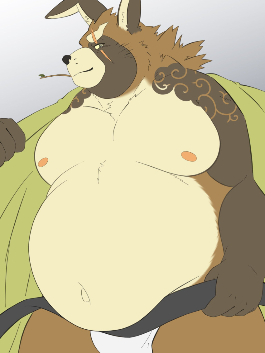 2023 anthro belly big_belly brown_body canid canine clothed clothing gyobu hi_res humanoid_hands jinku_56 kemono lifewonders male mammal moobs nipples open_clothing open_robe overweight overweight_male raccoon_dog robe scar solo tanuki tattoo tokyo_afterschool_summoners underwear