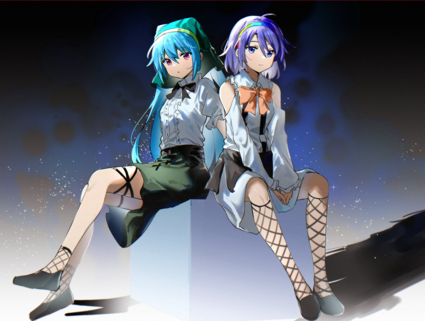 2girls ahoge alternate_costume bangs bare_shoulders black_background black_bow black_bowtie black_footwear black_skirt blue_background blue_hair blue_hairband blue_sky bow bowtie breasts buttons collared_dress collared_shirt detached_sleeves dress fishnet_socks fishnets frills gradient_background green_hairband green_headwear green_scarf green_skirt grey_background grey_footwear hair_between_eyes hairband haniyasushin_keiki head_scarf highres kneehighs long_hair long_sleeves looking_at_viewer medium_breasts miniskirt multicolored_background multicolored_hairband multiple_girls night night_sky open_mouth orange_bow orange_bowtie orange_hairband pink_eyes puffy_detached_sleeves puffy_long_sleeves puffy_short_sleeves puffy_sleeves purple_background purple_eyes purple_hair purple_hairband purple_sky red_hairband scarf shadow shirt shoes short_hair short_sleeves sitting skirt sky socks star_(sky) starry_sky suspender_skirt suspenders tenkyuu_chimata touhou white_background white_dress white_shirt wing_collar xiebaowang yellow_hairband