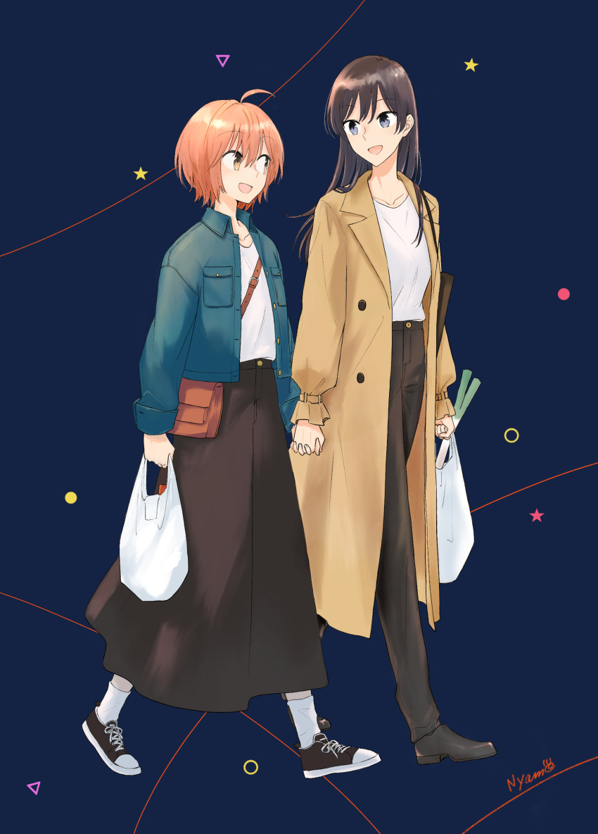 2girls absurdres ahoge bag bangs black_hair black_pants blue_eyes breast_pocket brown_coat circle coat collared_shirt commentary_request frilled_sleeves frills full_body hair_between_eyes highres holding holding_hands interlocked_fingers koito_yuu lapels long_hair long_sleeves looking_at_another multiple_girls nanami_touko nyamo open_mouth orange_eyes orange_hair pants pocket shirt short_hair shoulder_bag socks spring_onion star_(symbol) triangle white_shirt white_socks yagate_kimi_ni_naru yuri