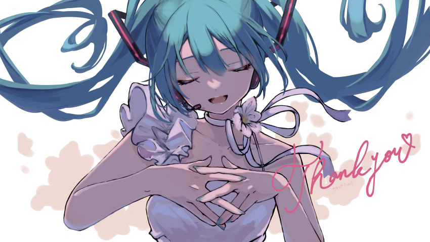 1girl :d absurdres bare_arms blue_hair choker closed_eyes collarbone facing_viewer floating_hair flower hatsune_miku headphones headset highres katorea long_hair microphone music nail_polish open_mouth ribbon ribbon_choker singing smile solo thank_you twintails upper_body vocaloid white_background white_flower white_ribbon