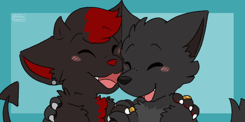 ambiguous_gender animated anthro black_body blush canid canine canis claws demon digit_ring duo happy horn hybrid imp jewelry love mammal namelessimp nuzzling paws pocketpaws red_hair_tips ring wedding_ring wolf