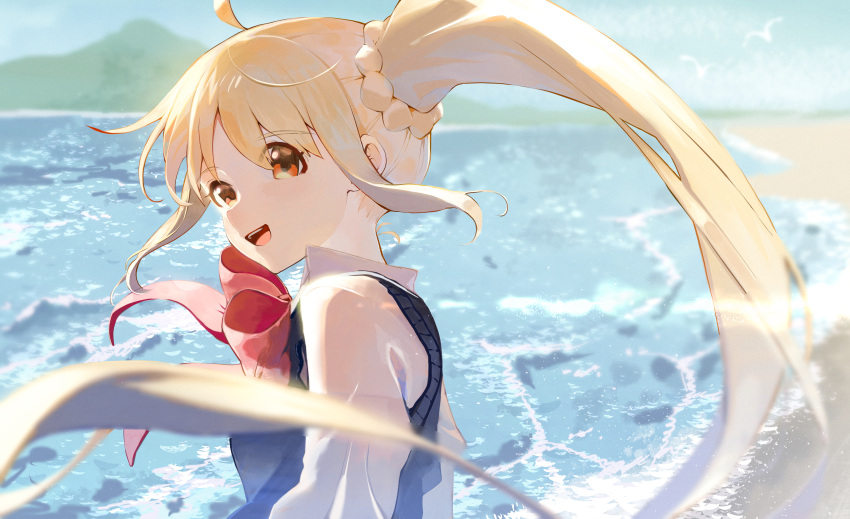 :d absurdres ahoge beach blonde_hair bocchi_the_rock! bow highres ijichi_nijika kurehalxxx looking_at_viewer mountain red_bow red_eyes red_ribbon ribbon sand school_uniform side_ponytail smile summer waves