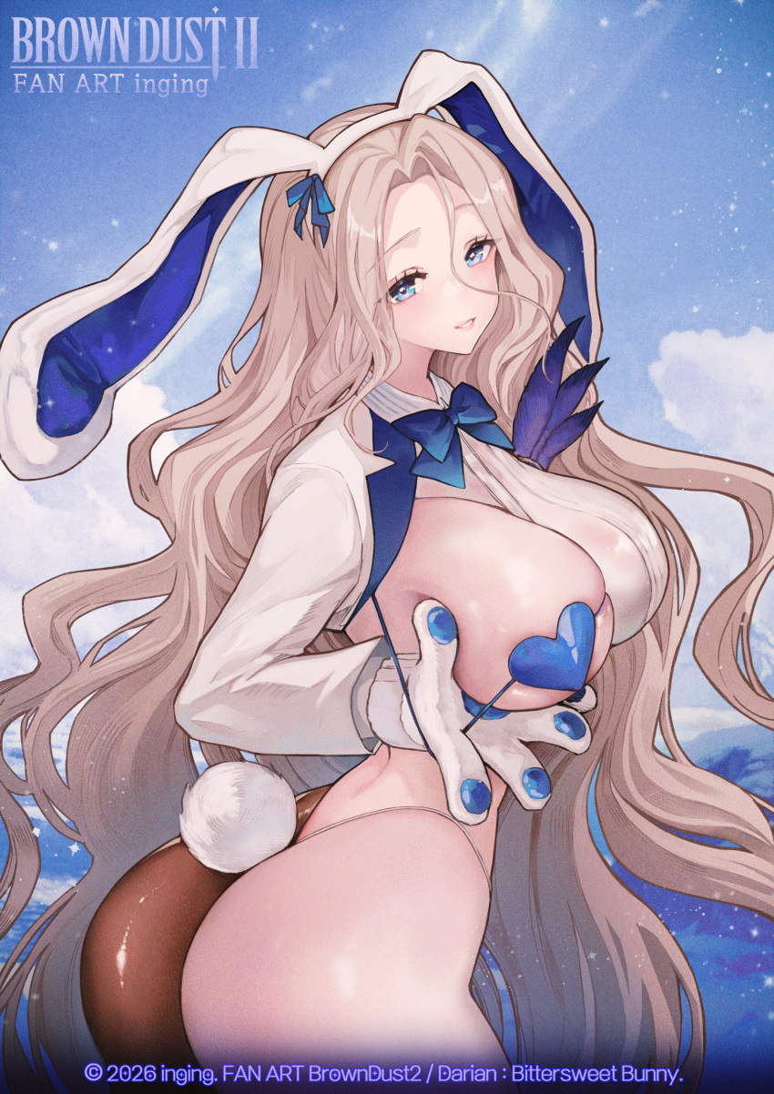 1girl absurdres animal_ears animal_hands ass asymmetrical_clothes asymmetrical_legwear blonde_hair blue_bow blue_bowtie blue_eyes bow bowtie breasts brown_dust_(series) brown_dust_2 darian_silverstein darian_silverstein_(bittersweet_bunny) fake_animal_ears fake_tail gloves heart_pasties highres inging823 large_breasts long_hair looking_at_viewer nontraditional_playboy_bunny official_alternate_costume pasties paw_gloves playboy_bunny rabbit_ears rabbit_tail single_leg_pantyhose single_pasty skindentation smile solo tail very_long_hair
