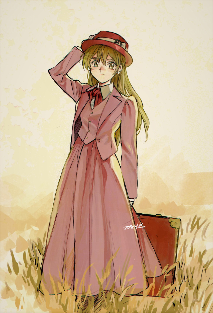 1girl 203wolves alternate_costume arm_up bangs blonde_hair bow bowtie closed_mouth earrings full_body grey_background hair_between_eyes hat highres jacket jewelry long_hair long_skirt long_sleeves looking_at_viewer open_clothes open_jacket outdoors pink_jacket pink_skirt pink_vest red_bow red_bowtie red_headwear signature skirt solo sparkle standing tenjouin_asuka very_long_hair vest yellow_eyes yu-gi-oh! yu-gi-oh!_gx
