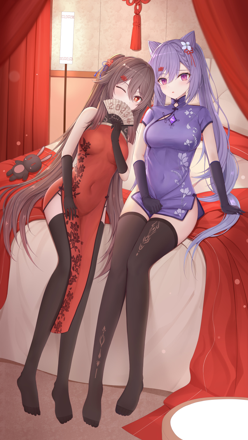 2023 2girls absurdres alternate_costume black_gloves black_thighhighs breasts brown_hair cc_lin china_dress chinese_clothes commentary_request cone_hair_bun dress folding_fan genshin_impact gloves hair_bun hand_fan hand_up highres holding holding_fan hu_tao_(genshin_impact) indoors keqing_(genshin_impact) large_breasts long_hair looking_at_viewer multiple_girls no_headwear no_shoes purple_dress red_dress red_eyes short_dress short_sleeves sitting sleeveless sleeveless_dress stuffed_animal stuffed_bunny stuffed_toy thighhighs thighs twintails very_long_hair