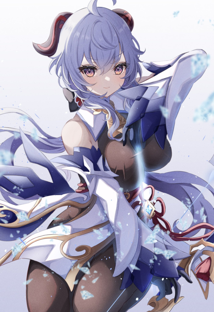1girl ahoge amos'_bow_(genshin_impact) bangs bare_shoulders bell blue_gloves blue_hair bow_(weapon) breasts brown_pantyhose chinese_knot cowboy_shot detached_sleeves drawing_bow flower_knot ganyu_(genshin_impact) genshin_impact gloves gold_trim highres holding holding_bow_(weapon) holding_weapon long_hair looking_at_viewer medium_breasts neck_bell pantyhose purple_eyes sa-ya2 sidelocks solo tassel vision_(genshin_impact) weapon white_sleeves