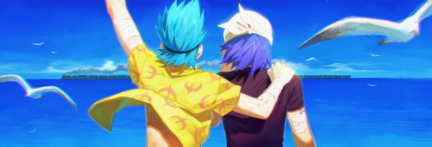 2boys arm_up bandaged_arm bandages bandana bird black_shirt blue_sky cloud day facing_away franky_(one_piece) hand_on_another's_shoulder highres horizon iceburg male_focus multiple_boys ocean one_piece outdoors print_shirt qin_(7833198) scratches seagull ship shirt short_hair short_sleeves sky smoke spiked_hair standing water watercraft white_bandana yellow_shirt