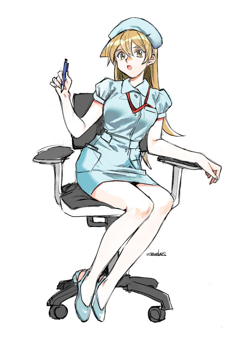 1girl 203wolves alternate_costume bangs blue_dress blue_footwear blue_headwear brown_eyes brown_hair dress hair_between_eyes highres holding holding_pen long_hair looking_at_viewer nurse open_mouth pen short_dress short_sleeves simple_background sitting sketch solo tenjouin_asuka white_background yu-gi-oh! yu-gi-oh!_gx