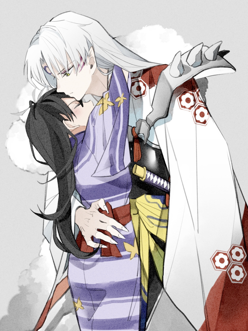 1boy 1girl bangs black_hair closed_eyes facial_mark female_child fingernails forehead_mark highres inuyasha japanese_clothes kimono long_hair looking_at_another mkyn29 pointy_ears purple_kimono red_sash rin_(inuyasha) sash sesshoumaru sharp_fingernails shoulder_spikes spikes whisker_markings white_fur white_hair white_kimono wide_sleeves yellow_eyes