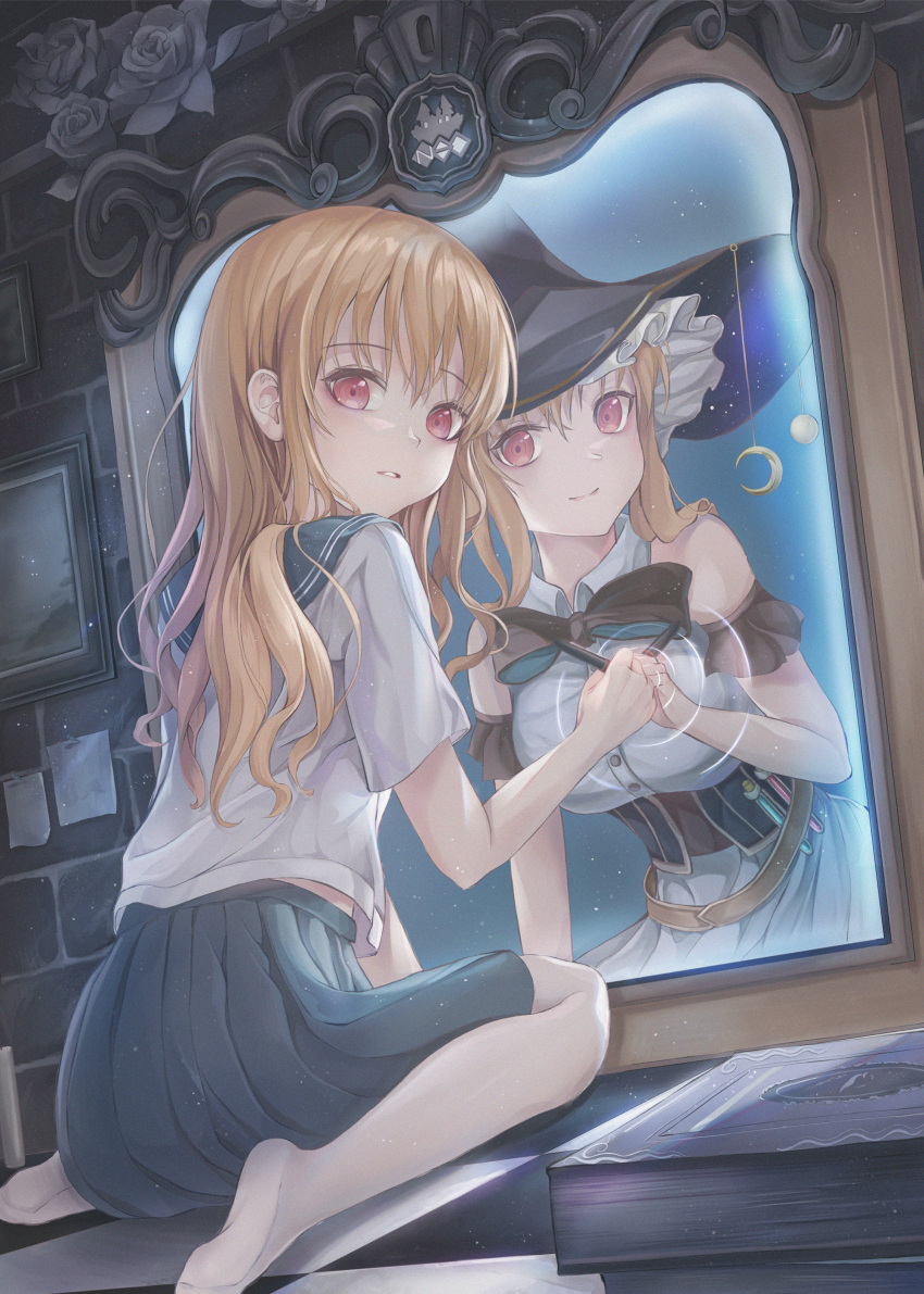 1girl absurdres blonde_hair dress full-length_mirror hand_on_mirror hat highres kk_magic_academy lime_namu long_dress mirror mirror_image pink_eyes ragnarok_online reflection school_uniform serafuku sitting solo star_(symbol) witch witch_hat wizard wizard_(ragnarok_online)