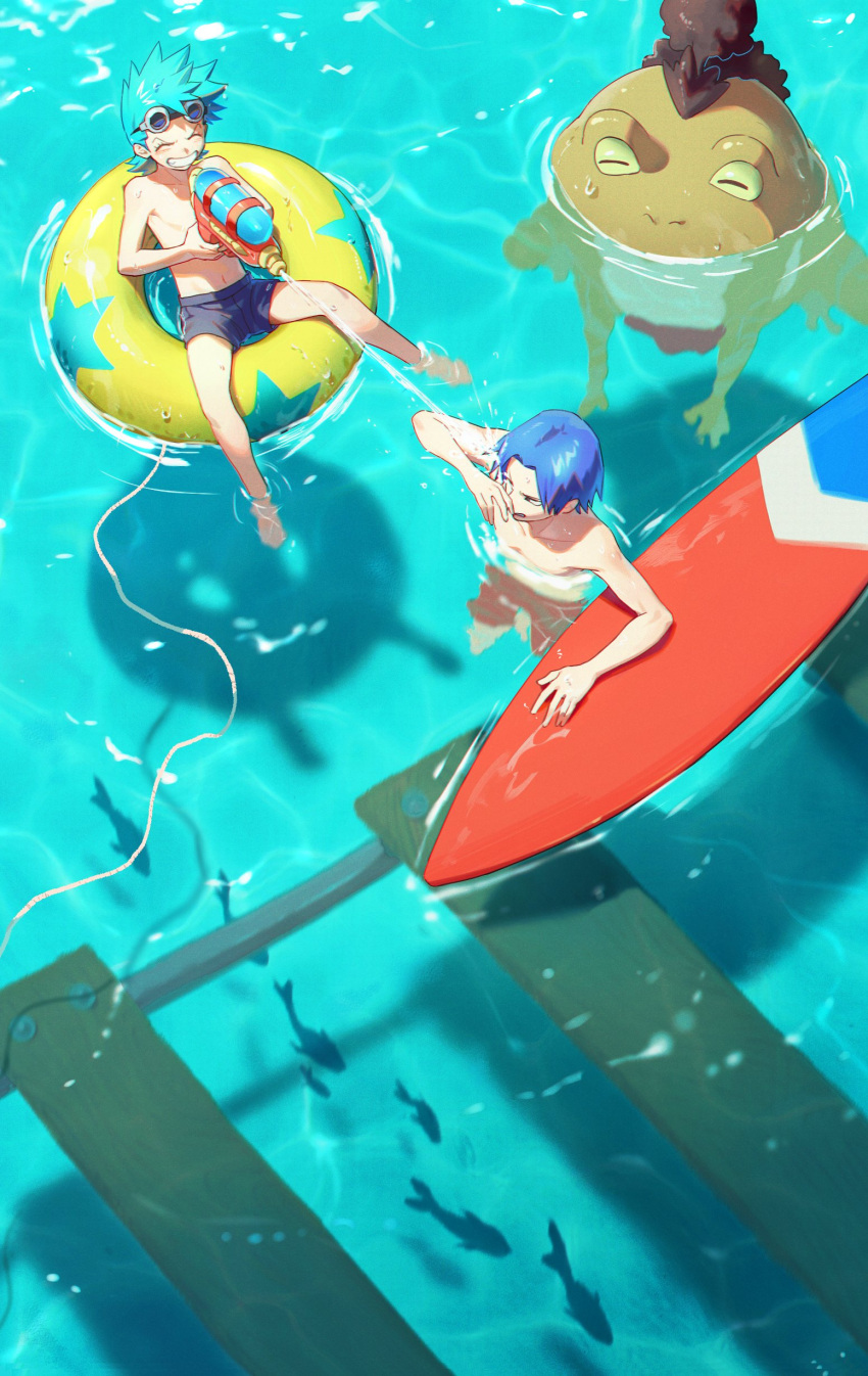 2boys ^_^ absurdres arm_up bangs black_hair black_shorts blush caustics closed_eyes commentary day fish franky_(one_piece) frog_boy full_body goggles goggles_on_head grin highres holding holding_water_gun iceburg in_water innertube looking_at_another male_focus male_swimwear multiple_boys one_piece open_mouth outdoors parted_bangs partially_submerged qin_(7833198) red_shorts short_hair shorts smile splashing spraying star_(symbol) surfboard swim_trunks swimming symbol-only_commentary teeth topless_male water water_gun wet yokozuna