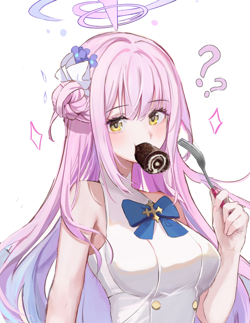 1girl ? absurdres bare_shoulders blue_archive bow bowtie breasts cake dana_(hapong07) eating food fork gradient_hair hair_bun hair_ornament halo hand_up highres holding holding_fork medium_breasts mika_(blue_archive) mouth_hold multicolored_hair pink_hair shirt sidelocks single_side_bun sleeveless sleeveless_shirt solo sparkle swiss_roll upper_body white_shirt yellow_eyes