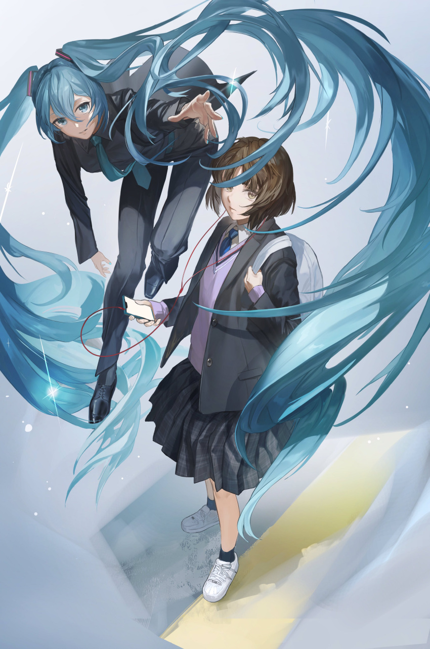 2girls absurdres backpack bad_id bad_twitter_id bag black_jacket black_pants black_skirt black_socks blue_hair blue_necktie brown_hair character_request closed_mouth earphones floating formal grey_shirt hataya hatsune_miku highres jacket long_hair long_sleeves looking_at_viewer making-of_available multiple_girls necktie open_clothes open_jacket pant_suit pants pleated_skirt purple_vest reaching_towards_viewer shirt shoes short_hair skirt smile socks suit twintails very_long_hair vest vocaloid white_footwear