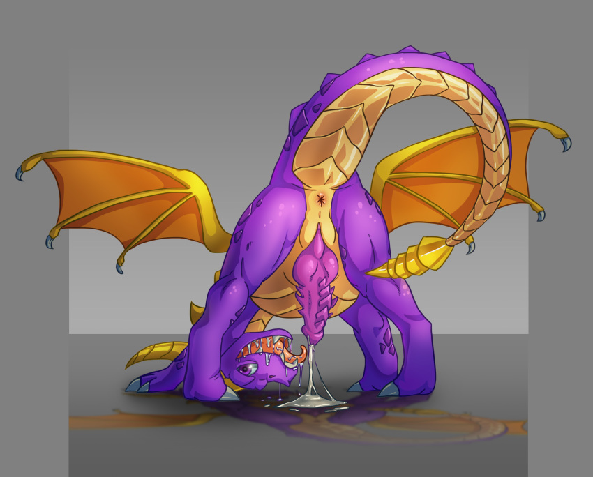 activision anus bodily_fluids claws digital_media_(artwork) dragon erection feral genital_fluids genitals hi_res inot looking_at_viewer looking_through looking_through_legs male membrane_(anatomy) membranous_wings nude penis presenting purple_body scalie simple_background solo spread_legs spreading spyro spyro_the_dragon western_dragon wings