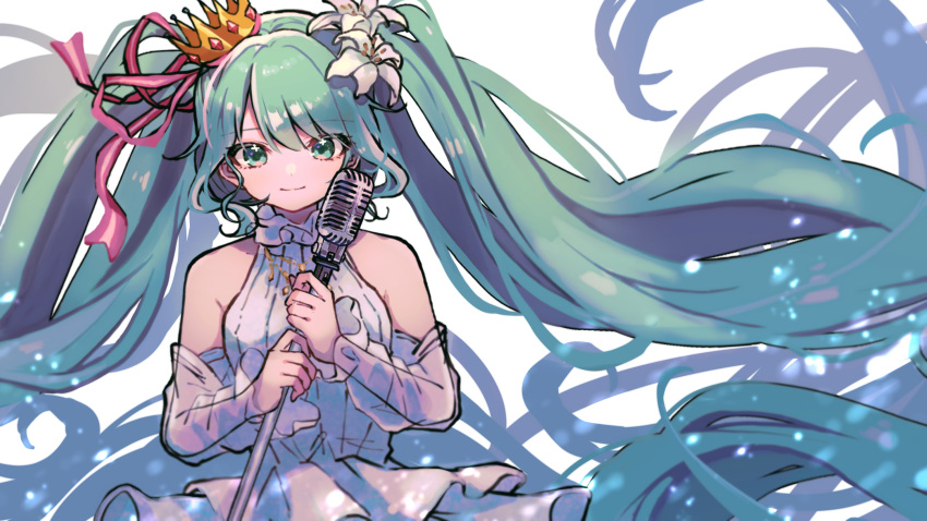 1girl absurdly_long_hair absurdres bangs closed_mouth crown detached_sleeves dress floating_hair flower green_eyes green_hair hair_between_eyes hair_flower hair_ornament hair_ribbon hatsune_miku highres holding holding_microphone katorea long_hair long_sleeves microphone pink_ribbon ribbon see-through see-through_sleeves sleeveless sleeveless_dress smile solo twintails very_long_hair vocaloid white_background white_dress white_flower white_sleeves
