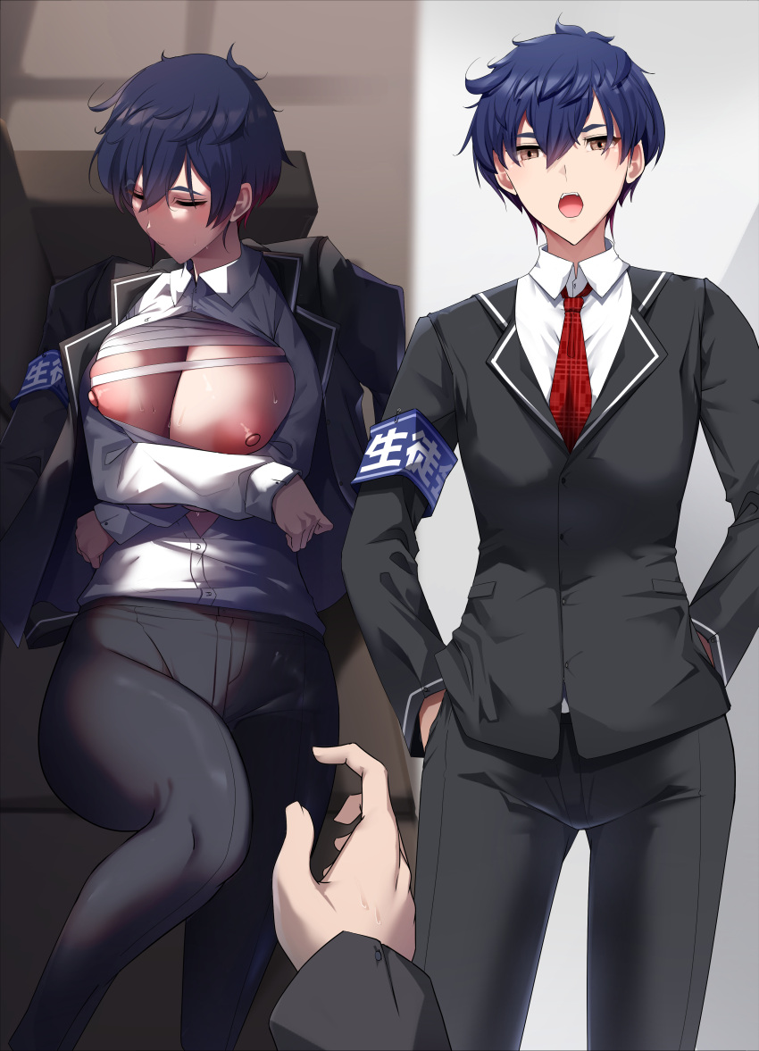 1girl absurdres armband bangs big_shine black_jacket black_pants blue_hair breasts brown_eyes chest_binder closed_eyes collared_shirt couch crossdressing hands_in_pockets highres jacket jacket_on_shoulders large_breasts lying necktie nipples on_back open_clothes open_mouth open_shirt original outstretched_hand pants red_necktie reverse_trap school_uniform shirt shirt_tucked_in short_hair solo standing tomboy white_shirt