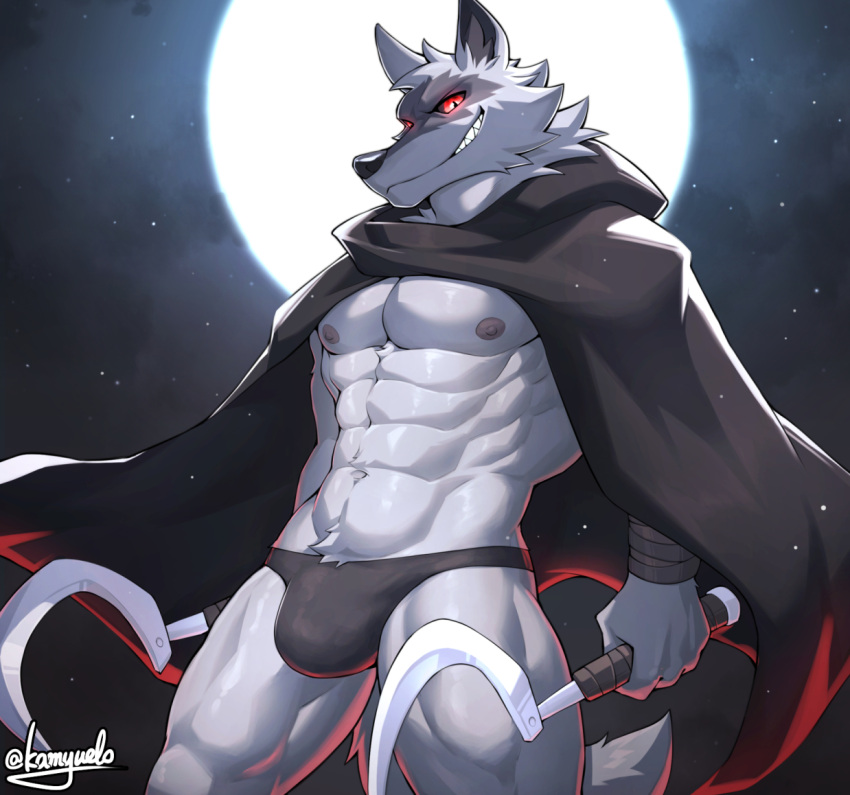 2023 anthro bulge canid canine canis cloak clothing death_(puss_in_boots) digital_media_(artwork) dual_wielding grin holding_object holding_weapon kamyuelo male mammal moon muscular muscular_anthro muscular_male night nipples red_eyes sickle smile solo speedo swimwear weapon wolf