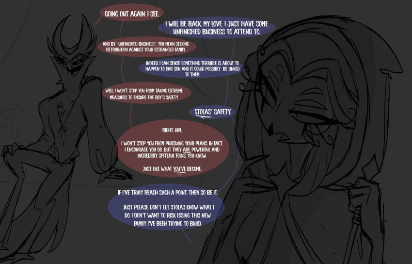 anthro avian bird clothing dialogue duo eye_contact female grey_background hi_res looking_at_another male owl owl_demon paimon_(helluva_boss) queen_octavia_(teathekook) robe simple_background sitting smile speech_bubble teathekook text white_text