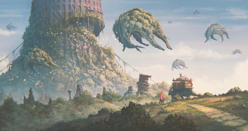 1other absurdres aptonoth bird blue_sky building bush cape cat day fantasy grass highres hood hooded_cape landscape monster monster_hunter_(series) nature path plant rope ruins sky tentacles valky_uniguri vines yama_tsukami