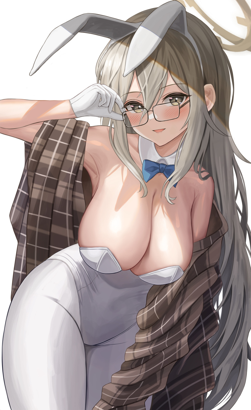 1girl absurdres akane_(blue_archive) akane_(bunny)_(blue_archive) animal_ears bangs bare_shoulders blue_archive blue_bow blush bow bowtie breasts brown_eyes brown_jacket cleavage collar cowboy_shot detached_collar dubeaduver eyewear_pull fake_animal_ears glasses gloves grey_hair hairband halo highres holding holding_eyewear jacket large_breasts leotard long_hair looking_at_viewer open_clothes open_jacket open_mouth pants plaid plaid_jacket playboy_bunny simple_background smile solo standing white_background white_collar white_gloves white_hairband white_leotard white_pants