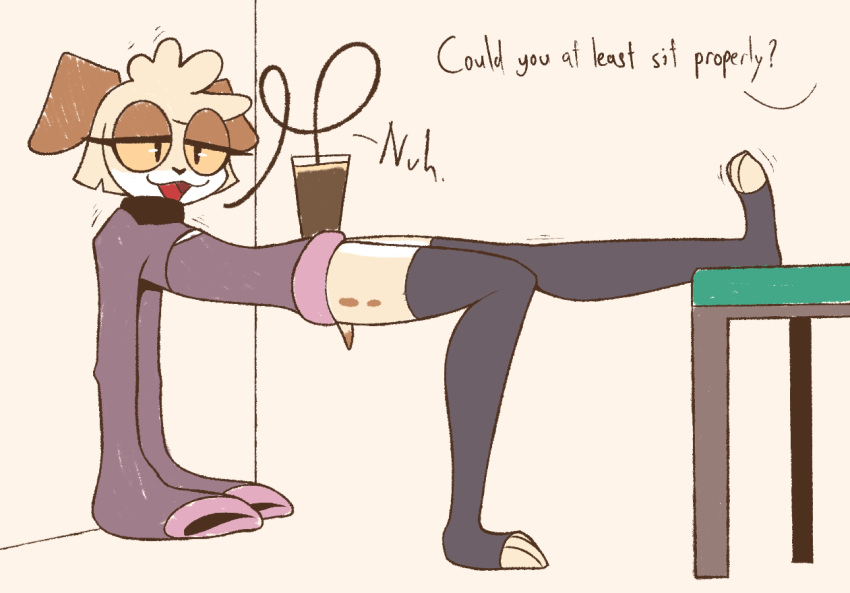 awkward_pose balancing balancing_object beverage canid canine canis chair clothed clothing dialogue domestic_dog english_text female flat_chested furniture humor kenny_(r-mk) legwear mammal offscreen_character r-mk silly_straw slim small_waist solo sweater text topwear