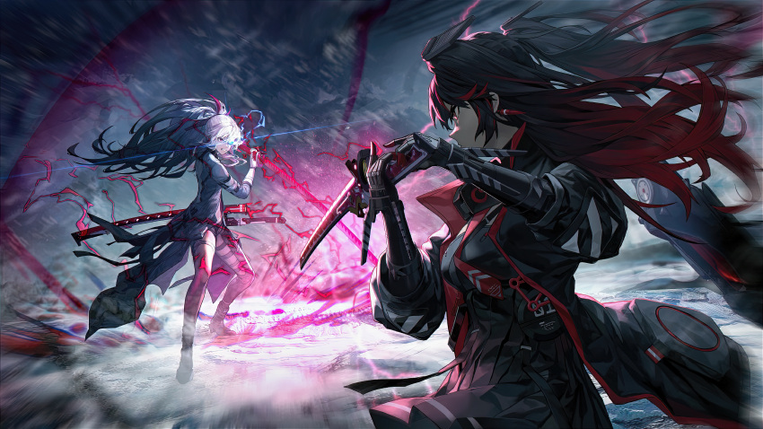 2girls absurdres asymmetrical_legwear black_hair black_jacket black_skirt character_request commentary electricity english_commentary headgear highres holding holding_sword holding_weapon jacket katana lightning long_hair lucia_(punishing:_gray_raven) mechanical_arms multicolored_hair multiple_girls pleated_skirt ponytail punishing:_gray_raven red_hair skirt sword twintails weapon white_hair white_jacket yanderenasa