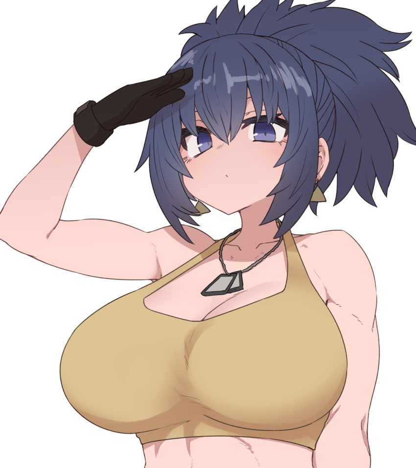 1girl bangs bare_shoulders black_gloves black_hair blue_eyes breasts cleavage dog_tags earrings gloves highres jewelry large_breasts leona_heidern muscular muscular_female ponytail solo sumiyao_(amam) tank_top the_king_of_fighters the_king_of_fighters_xv triangle_earrings upper_body white_background