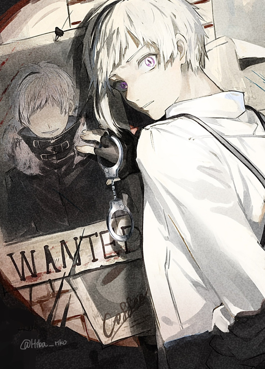 1boy asymmetrical_sidelocks bangs black_gloves bungou_stray_dogs collared_shirt commentary cuffs fingerless_gloves gloves grey_hair handcuff_dangle handcuffs hiba_riko highres holding holding_handcuffs looking_at_viewer male_focus nakajima_atsushi_(bungou_stray_dogs) parted_lips purple_eyes shirt sidelocks solo suspenders upper_body wanted white_shirt