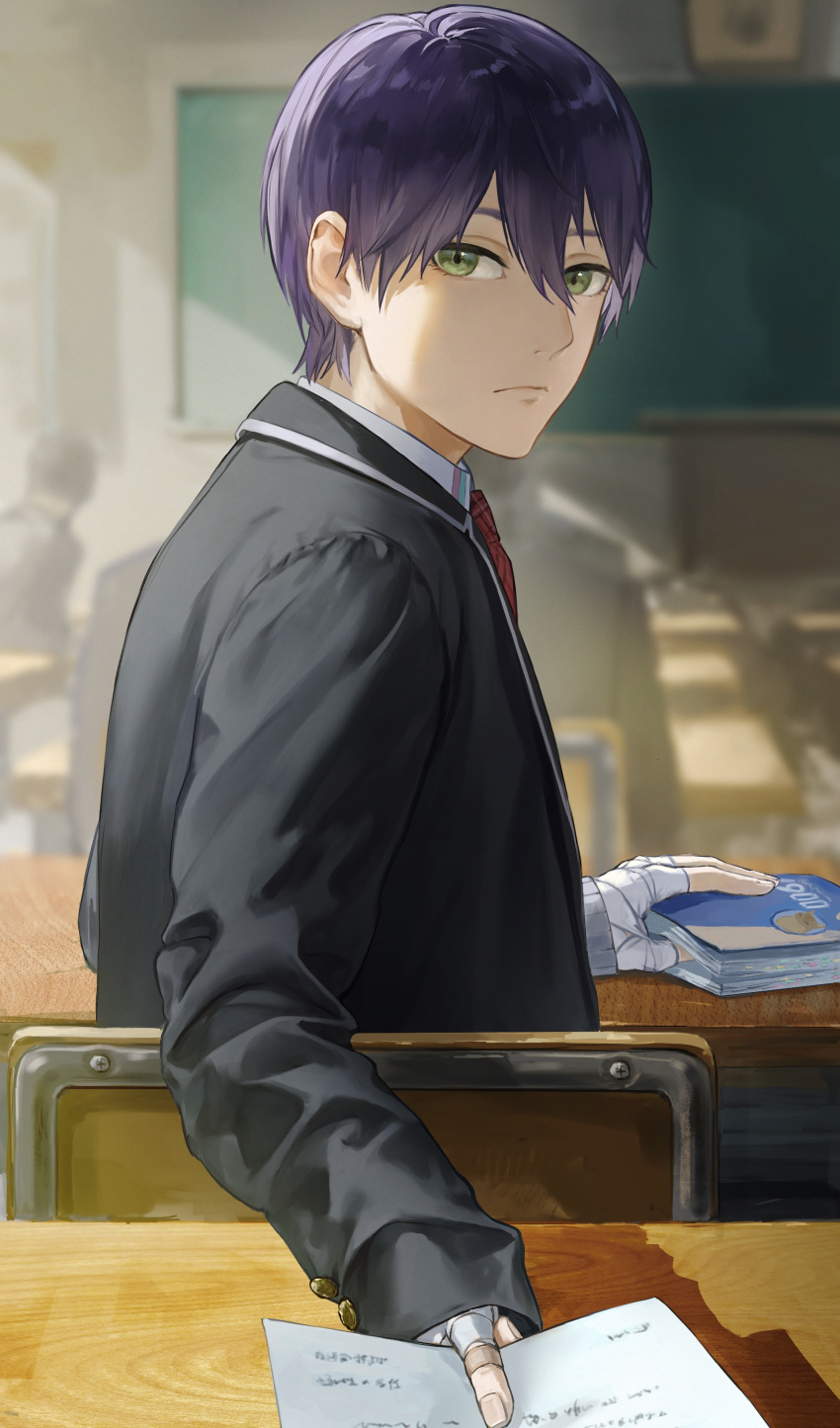 1boy absurdres bandaged_hand bandages black_jacket book chair chalkboard classroom closed_mouth desk giving green_eyes hataya highres holding holding_book indoors jacket kenmochi_touya long_sleeves looking_at_viewer nijisanji pov_across_table purple_hair school_chair school_desk short_hair solo