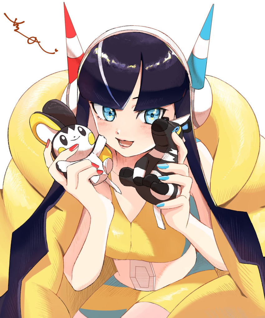 1girl bangs bike_shorts blitzle blue_eyes blue_nails blunt_bangs blush buckle character_doll commentary_request crop_top doll elesa_(pokemon) emolga fur_jacket hands_up headphones highres holding holding_doll jacket jacket_on_shoulders lower_teeth_only multicolored_hair nail_polish open_mouth pokemon pokemon_(game) pokemon_bw2 red_nails short_hair_with_long_locks solo streaked_hair surumeika_(ninfiiiir) teeth tongue white_background yellow_jacket