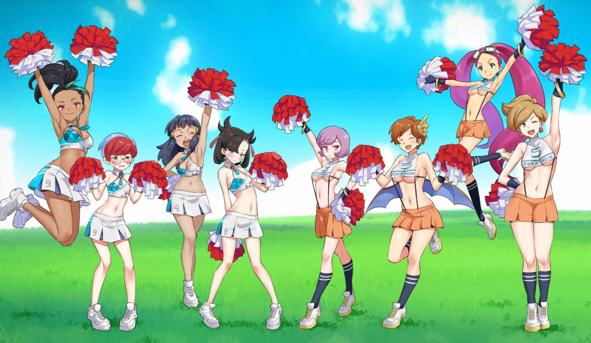 6+girls arm_up armpits aurea_juniper black_gloves black_hair black_socks blue_hair bracelet breasts brown_hair character_request cheerleader cleavage cloud commentary_request courtney_(pokemon) dawn_(pokemon) day earrings glasses gloves grass green_hair hair_ornament hands_up highres holding holding_pom_poms igni_tion jewelry knees leg_up legs_apart long_hair looking_at_viewer lovrina_(pokemon) marnie_(pokemon) multicolored_hair multiple_girls navel nemona_(pokemon) orange_skirt outdoors penny_(pokemon) pigeon-toed pleated_skirt pokemon pokemon_(game) pokemon_bw pokemon_dppt pokemon_oras pokemon_sv pokemon_swsh pokemon_xd pom_pom_(cheerleading) ponytail purple_hair red_hair round_eyewear shirt shoes short_hair skirt sky sleeveless sleeveless_shirt sneakers socks standing standing_on_one_leg streaked_hair twintails two-tone_hair white_footwear